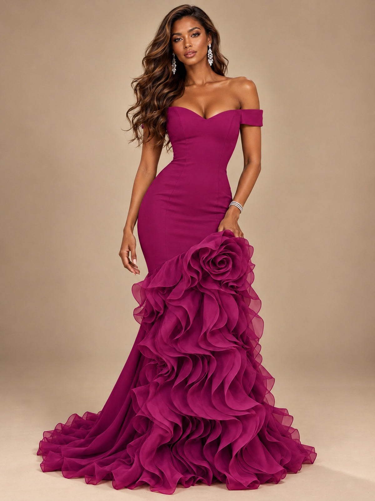 Dusty Blue Off-the-Shoulder Mermaid Prom Dress with 3D Rose & Ruffles