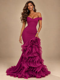 Dusty Blue Off-the-Shoulder Mermaid Prom Dress with 3D Rose & Ruffles
