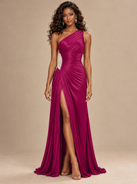 Burgundy One Shoulder Ruched Prom Dress with High Slit & Beaded Waist