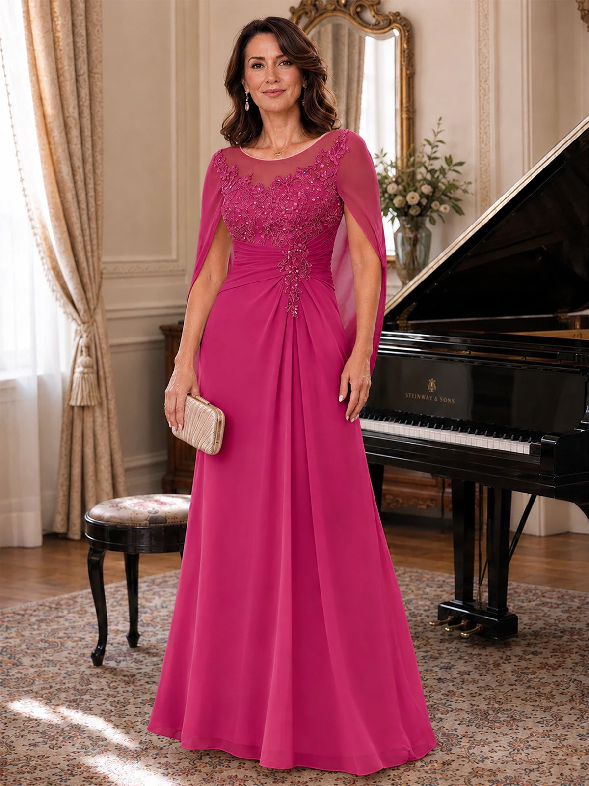 Elegant Applique Chiffon Mother of the Bride Dress with Cape Sleeves