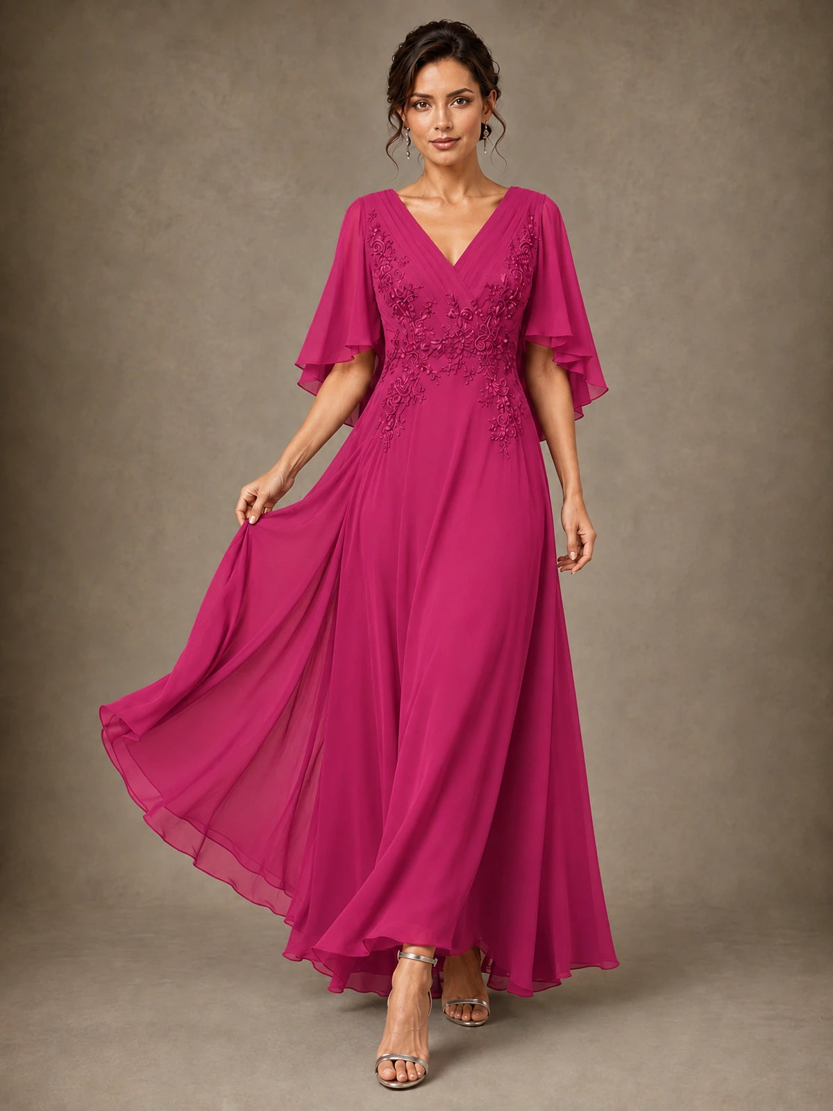 V-Neck Chiffon Lace Mother of the Bride Dress with Flutter Sleeves
