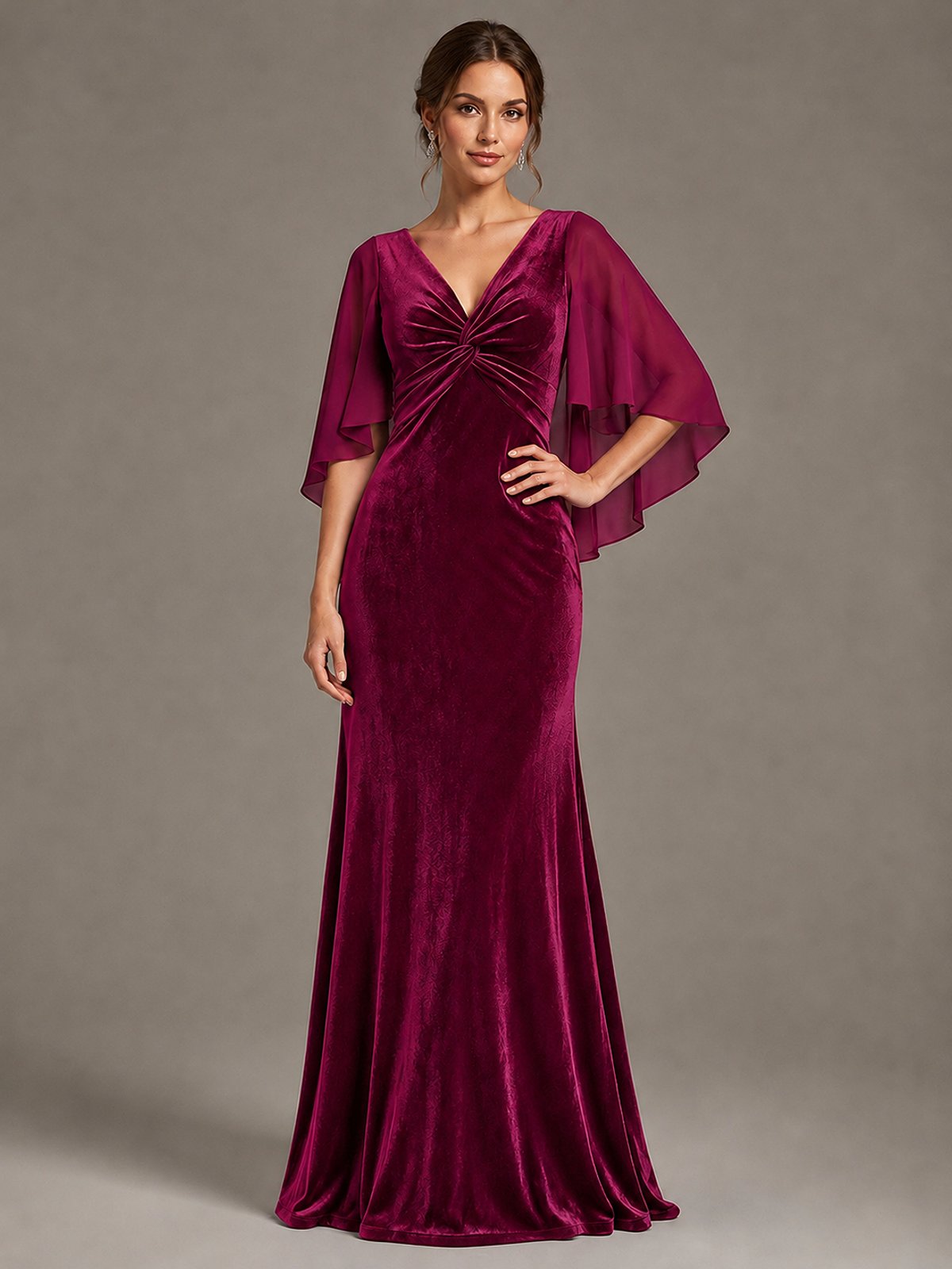Navy Blue Velvet V Neck Mermaid Formal Dress with Flutter Cape Sleeves