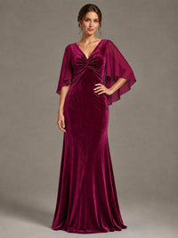 Navy Blue Velvet V Neck Mermaid Formal Dress with Flutter Cape Sleeves