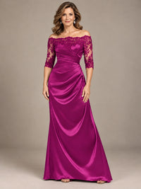 Satin Mother of the Bride Dress with Lace Sleeves Off Shoulder Formal Gown