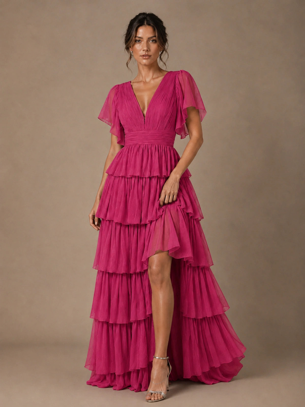 Chiffon V-Neck Tiered Ruffle Bridesmaid Dress with Slit