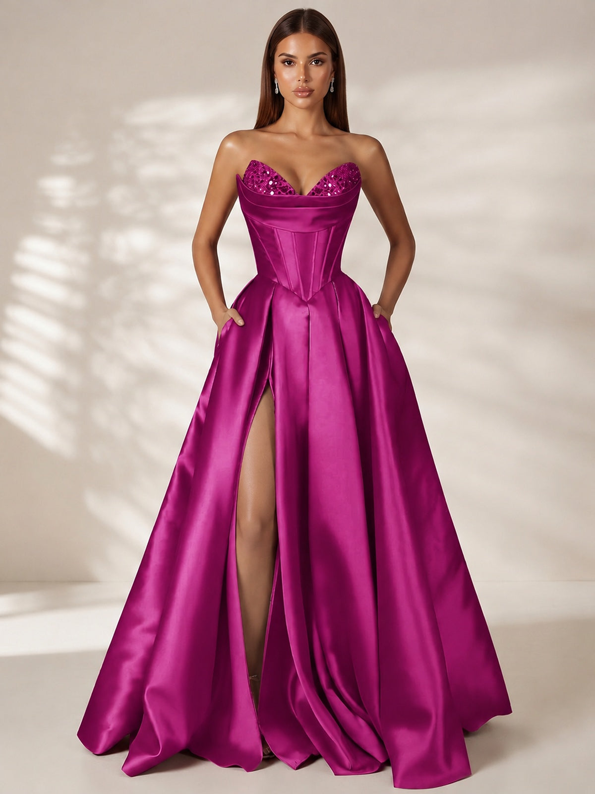 Fuchsia Strapless Corset Satin Prom Dress Long Evening Gown with High Slit