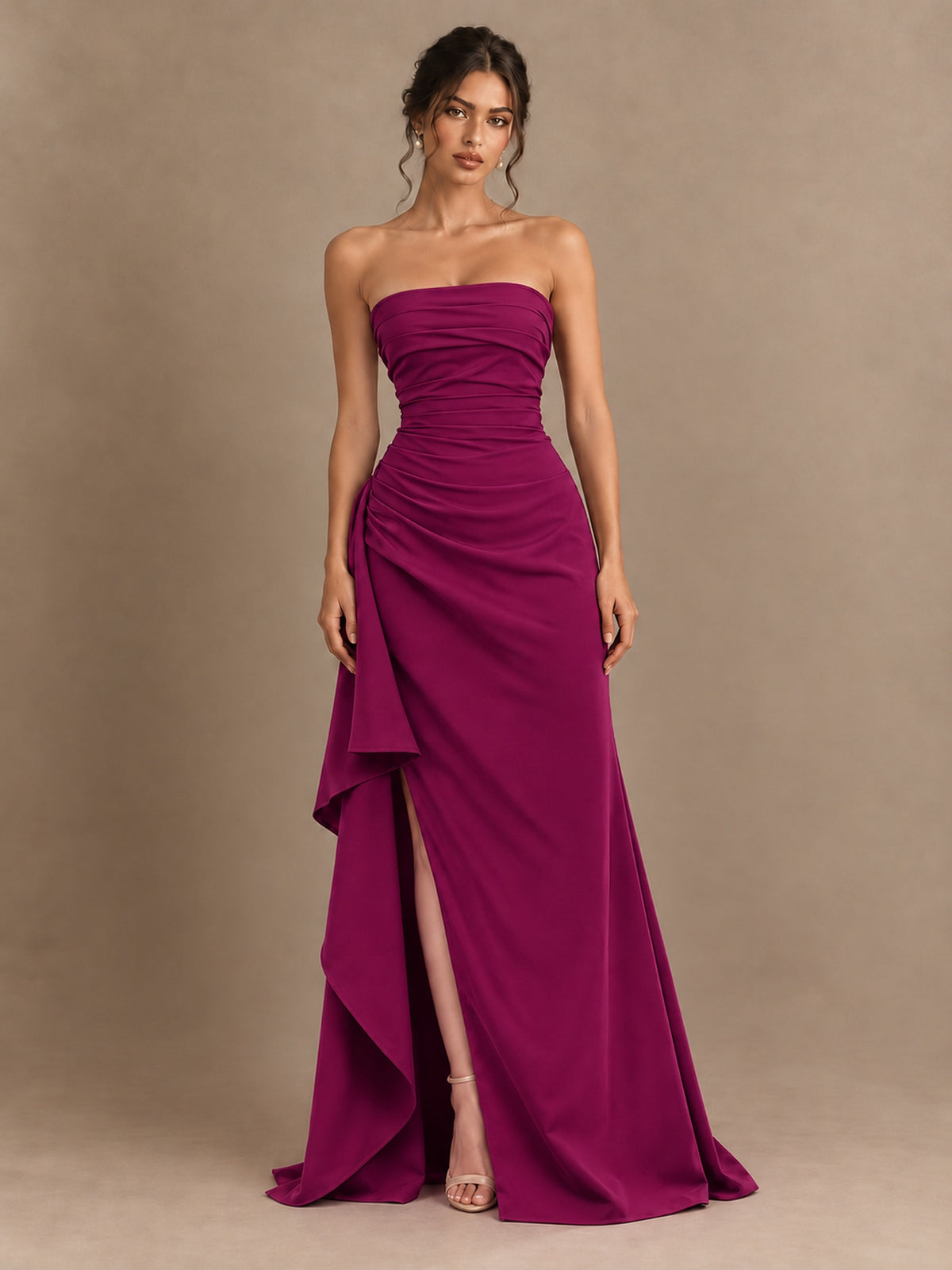 Black and White Strapless Ruched Prom Dress with High Slit & Side Drape