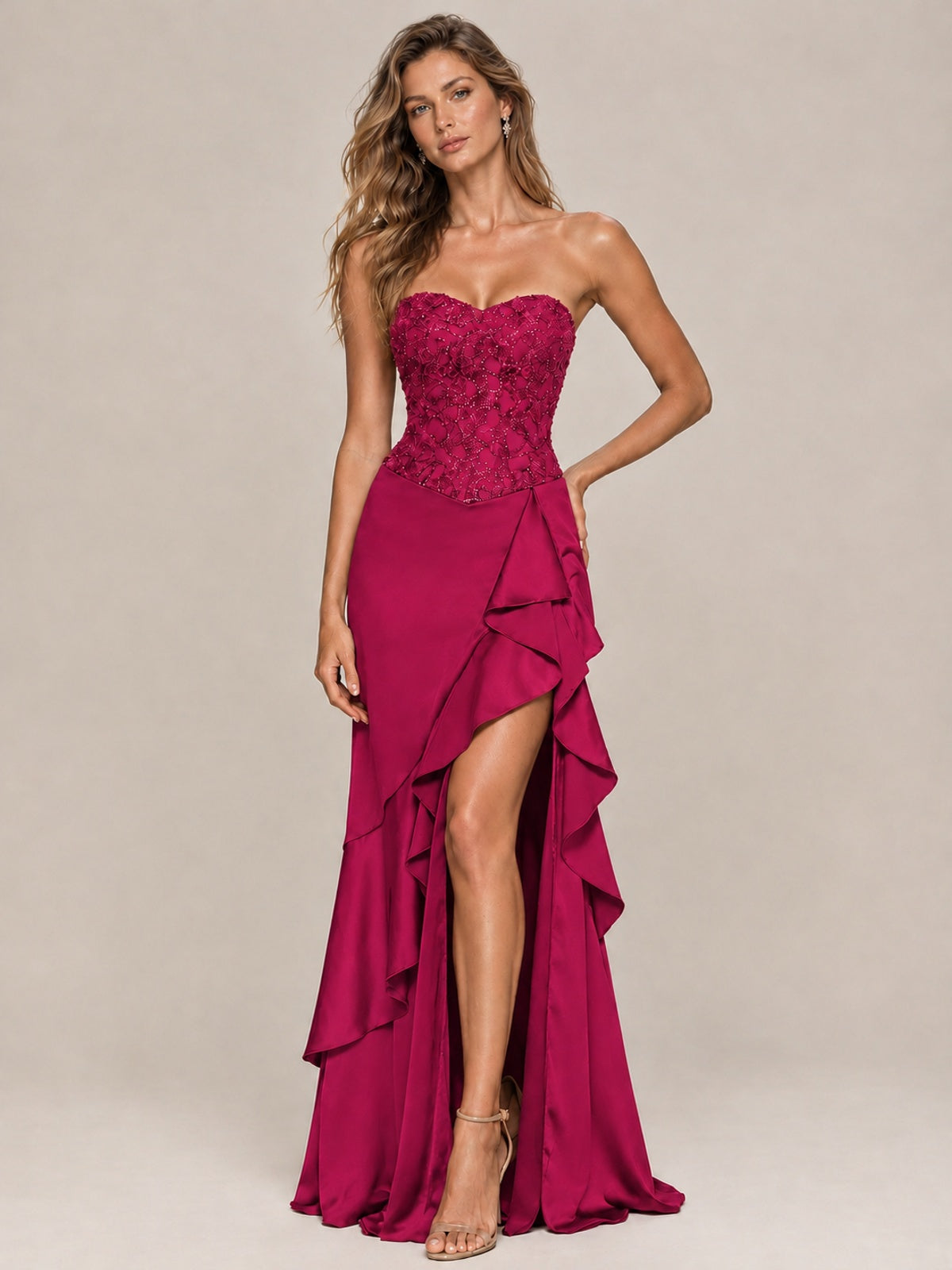 Strapless Lace Appliques Corset Satin Prom Dress Ruffle Slit Evening Gown