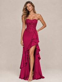 Strapless Lace Appliques Corset Satin Prom Dress Ruffle Slit Evening Gown