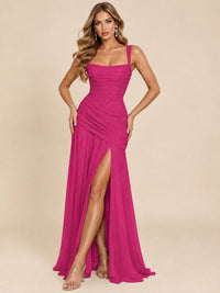 Wrap Pleated Prom Dress Scoop Neck with Slit Women Wedding Formal Dress
