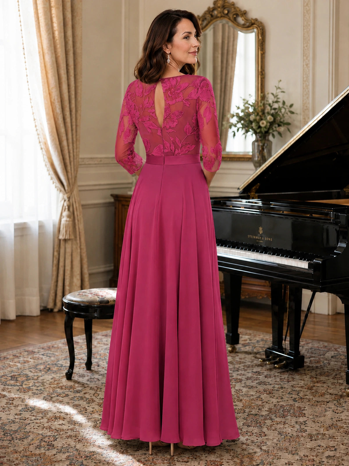 Lace Applique Wide-Leg Chiffon Mother of the Bride Jumpsuit