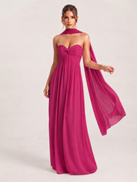 Fuchsia Strapless Ruched Chiffon Long Prom Dress with Scarf A-line Sweetheart Ruffled Formal Wedding Guest Dress Evening Gown