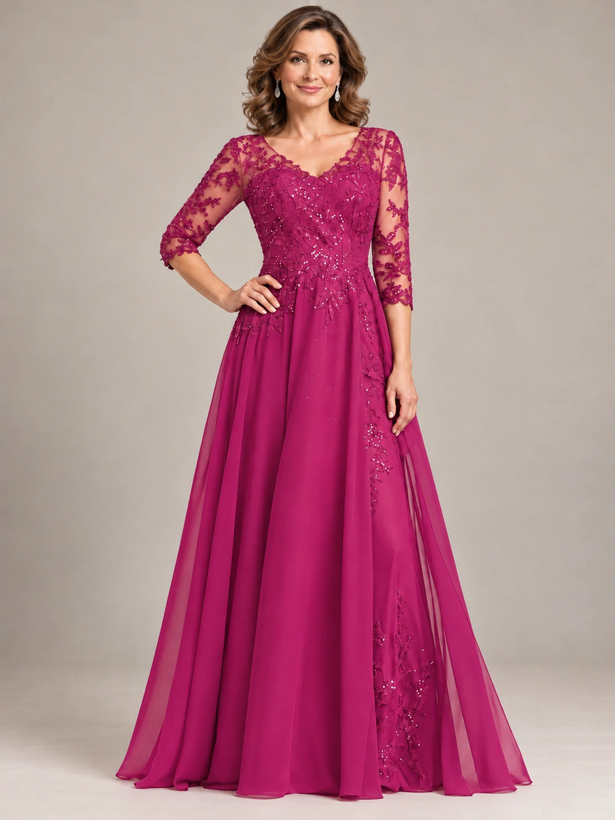 Sequin Lace A-Line Mother of the Bride Dress with 3/4 Sleeves