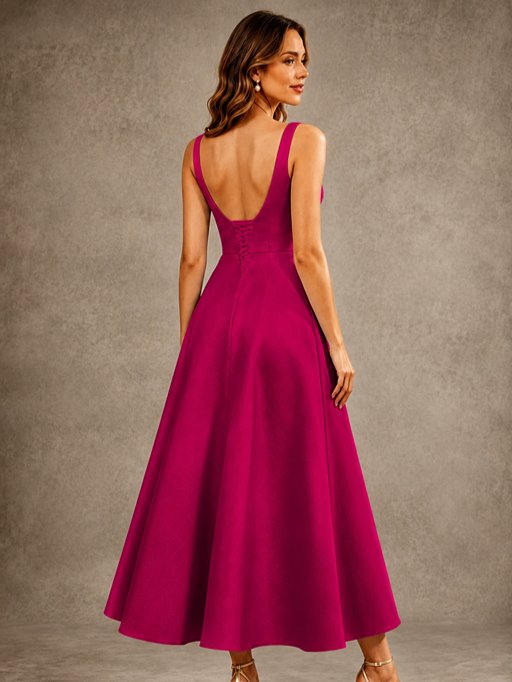 Tea-Length Satin Mother of the Bride Dress with 3D Flower Detail