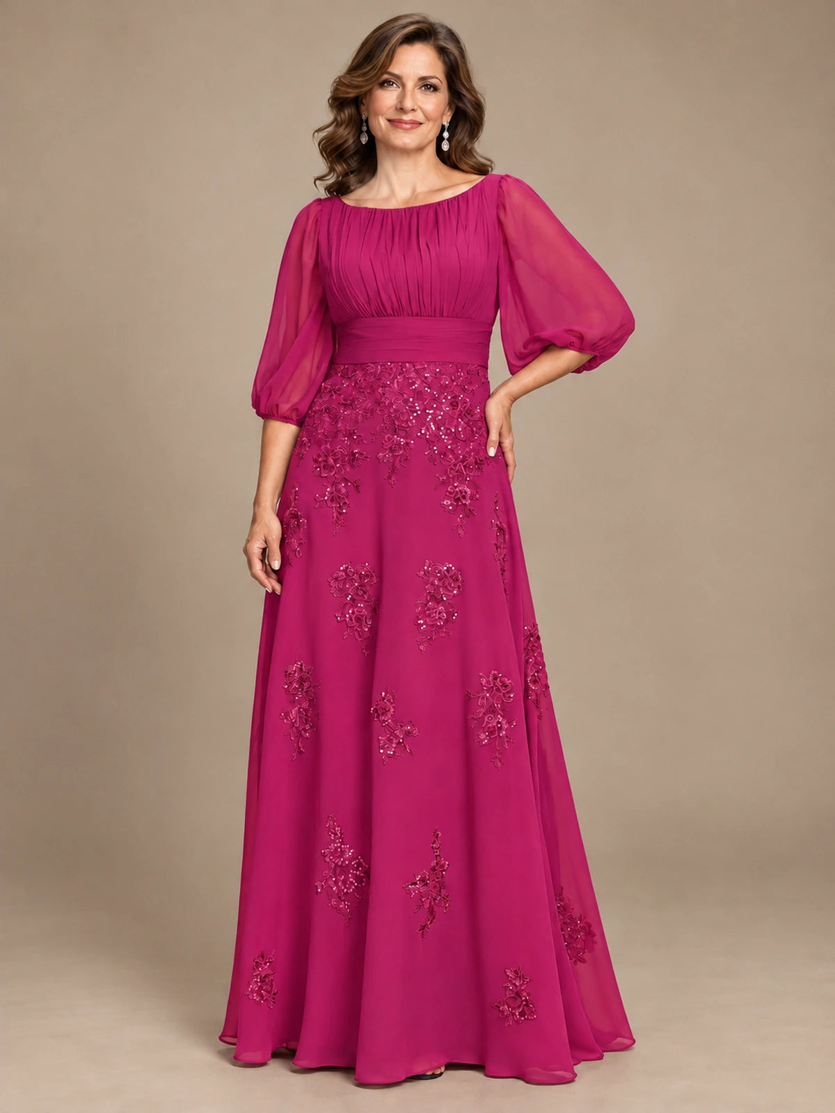 A-Line Mother of the Bride Dress with Sheer Puff Sleeves