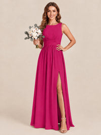 A-line Sleeveless Rucehd Chiffon Bridesmaid Dress with High Slit