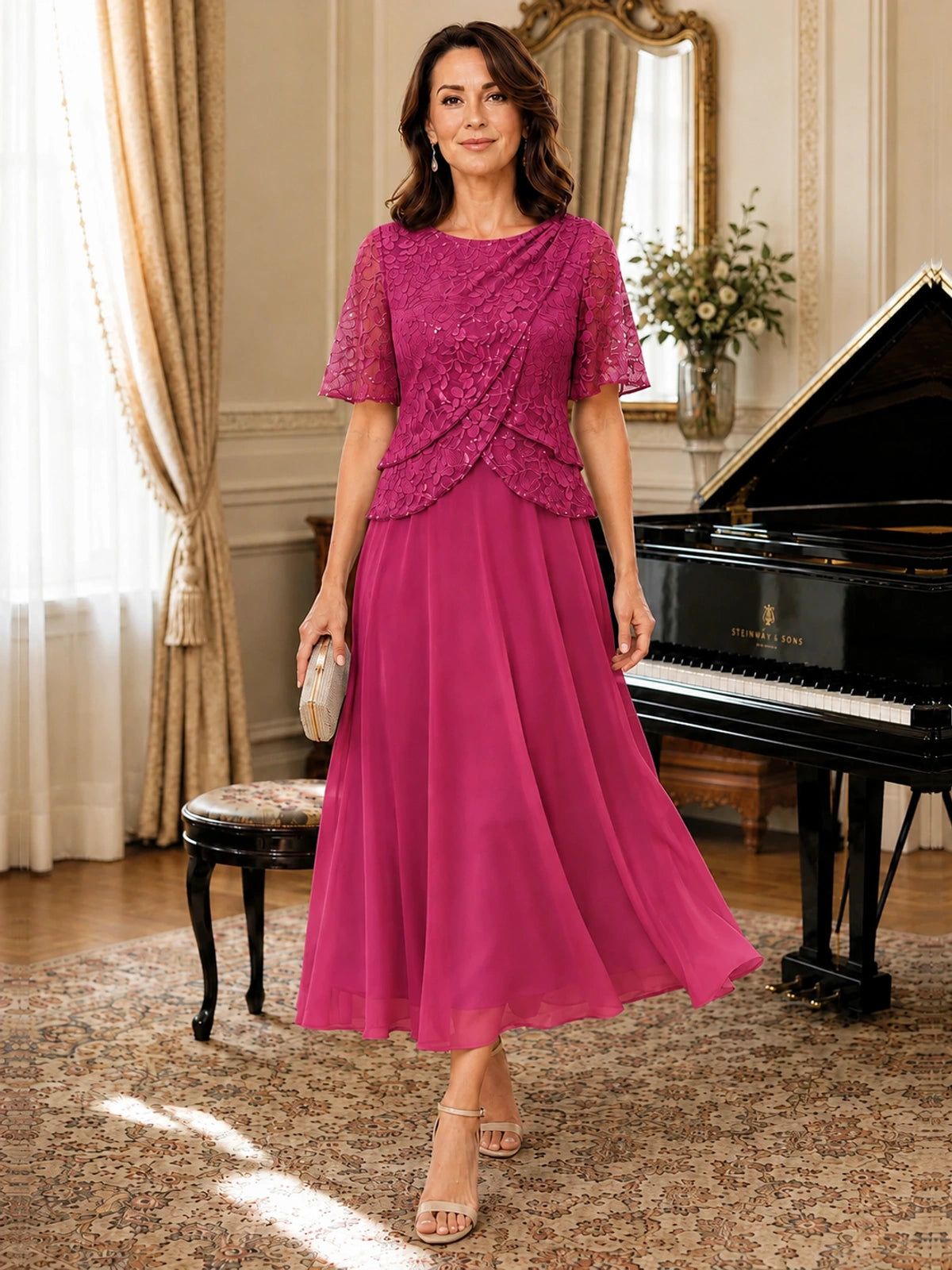 Tea-Length Chiffon Mother of the Bride Dress with Sequin Lace Sleeves