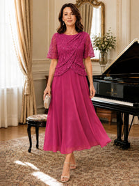 Tea-Length Chiffon Mother of the Bride Dress with Sequin Lace Sleeves