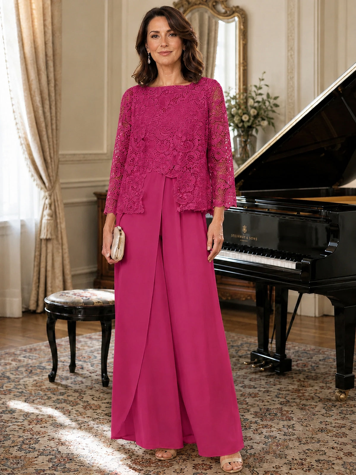 Elegant 3-Piece Chiffon Mother of the Bride Pantsuit with Floral Applique Jacket