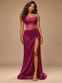 Gold Sequin Strapless Corset Prom Dress with High Slit