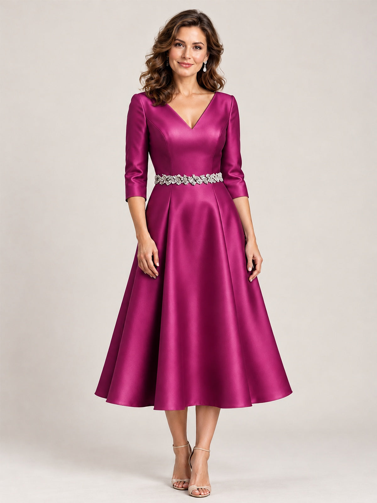 Fuchsia V-Neck Tea-Length Mother of the Bride Dress with Embellished Waist