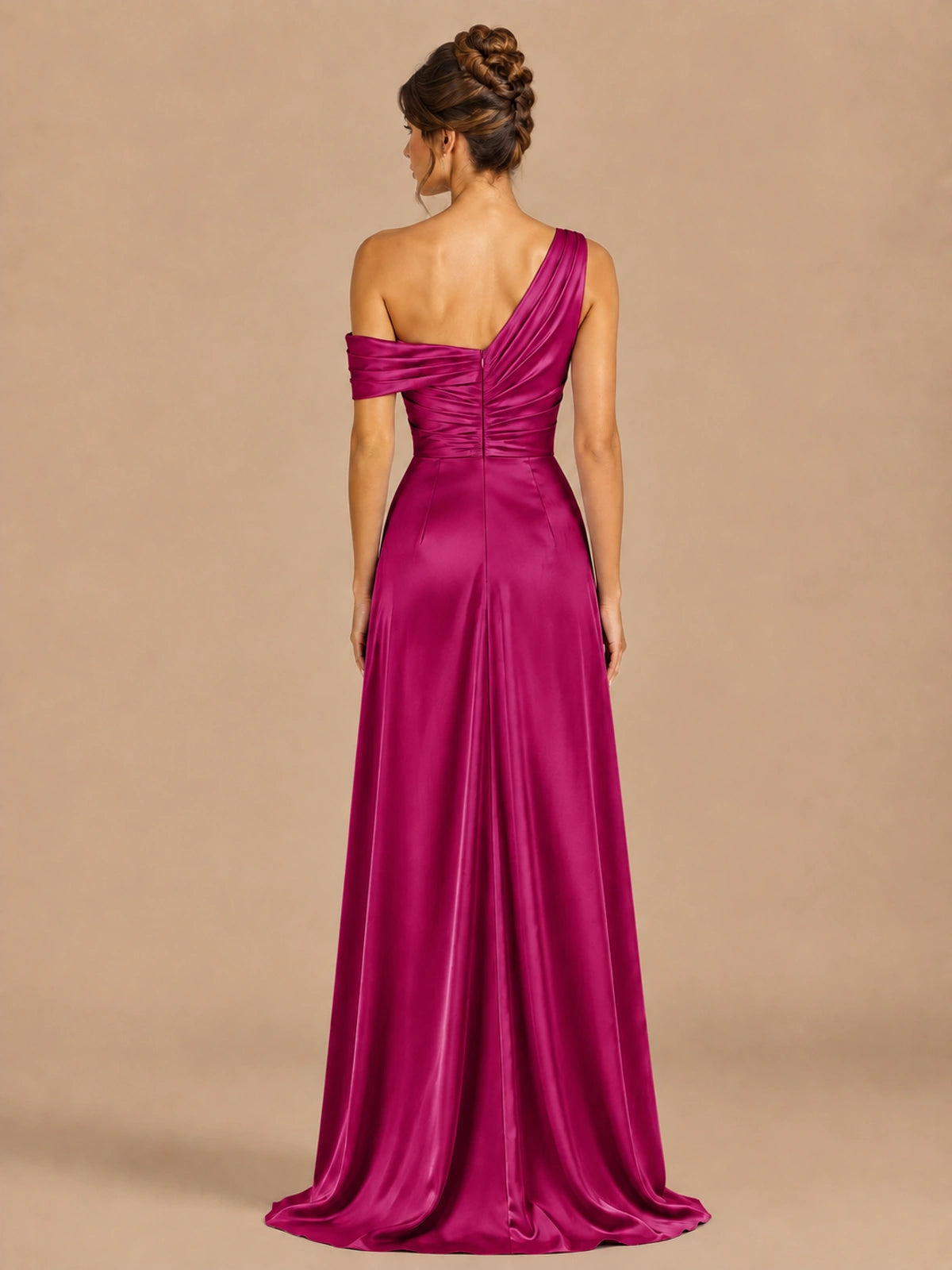 Satin One Shoulder Prom Dress Ruched Long Formal Evening Gown