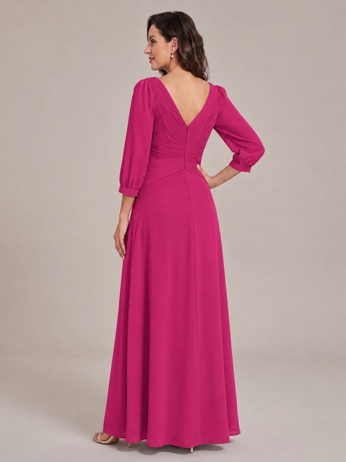 V-Neck Pleated Chiffon Mother of the Bride Dress with Flutter Sleeves