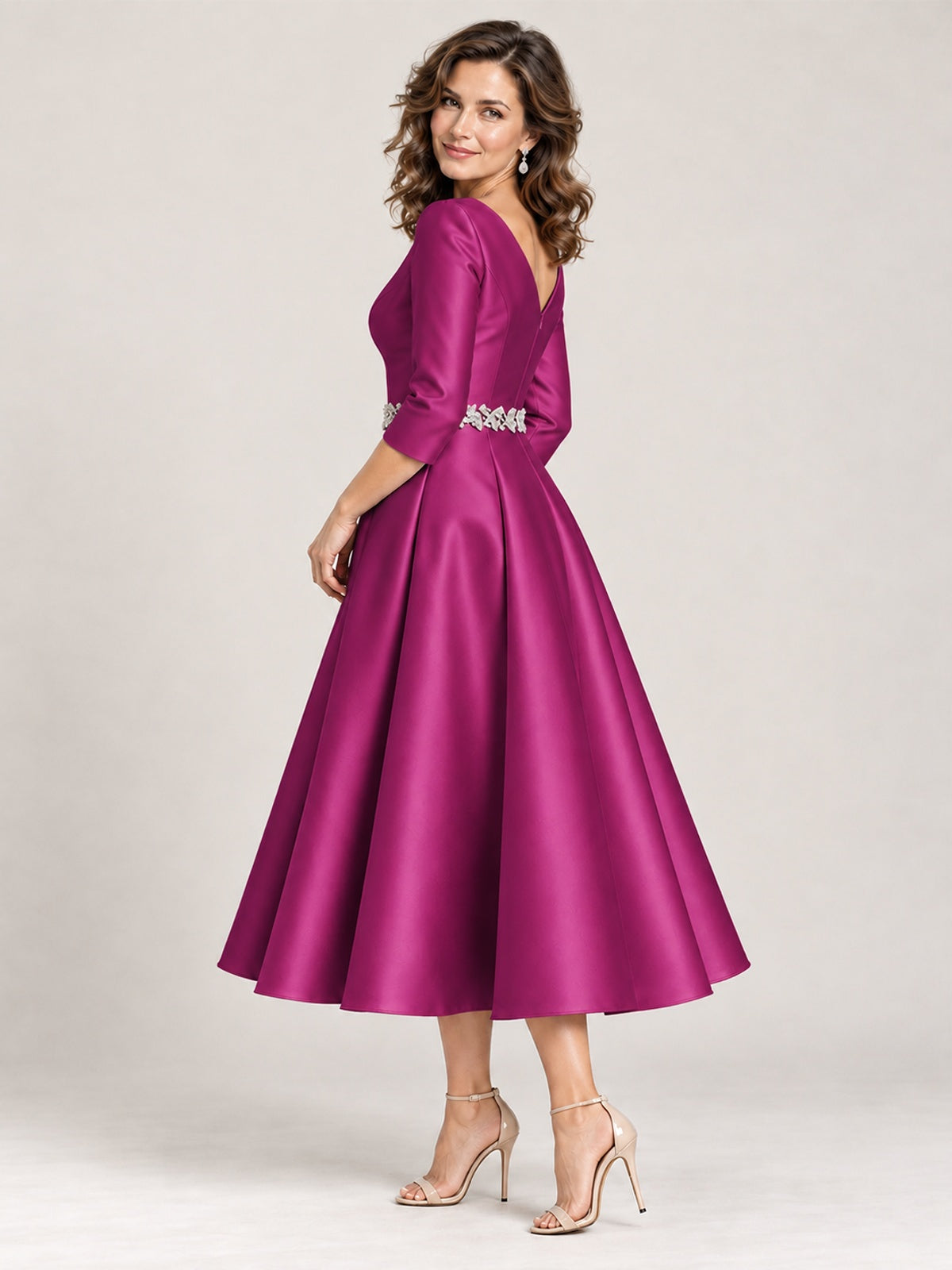 V-Neck Tea-Length Mother of the Bride Dress with Embellished Waist