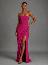 Strapless Bodycon Pleated Chiffon Formal Dress with Slit