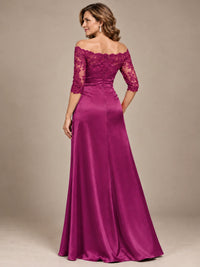 Satin Mother of the Bride Dress with Lace Sleeves Off Shoulder Formal Gown
