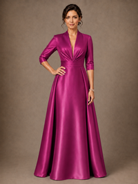 V-Neck Pleated Satin Mother of the Bride Gown with 3/4 Sleeves