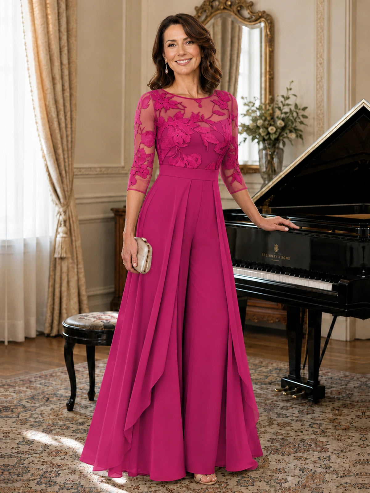 Lace Applique Wide-Leg Chiffon Mother of the Bride Jumpsuit