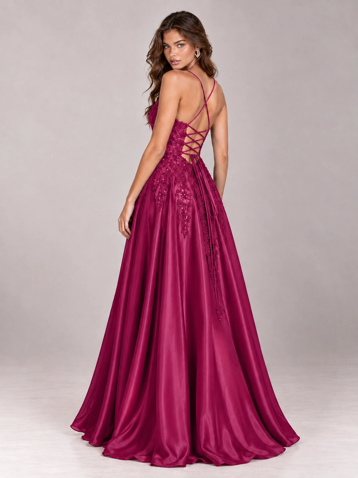 Lace Applique Satin A-Line Prom Dress with Sheer Bodice