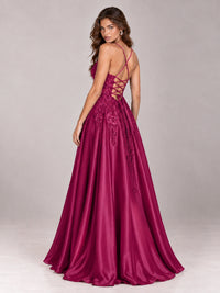 Lace Applique Satin A-Line Prom Dress with Sheer Bodice