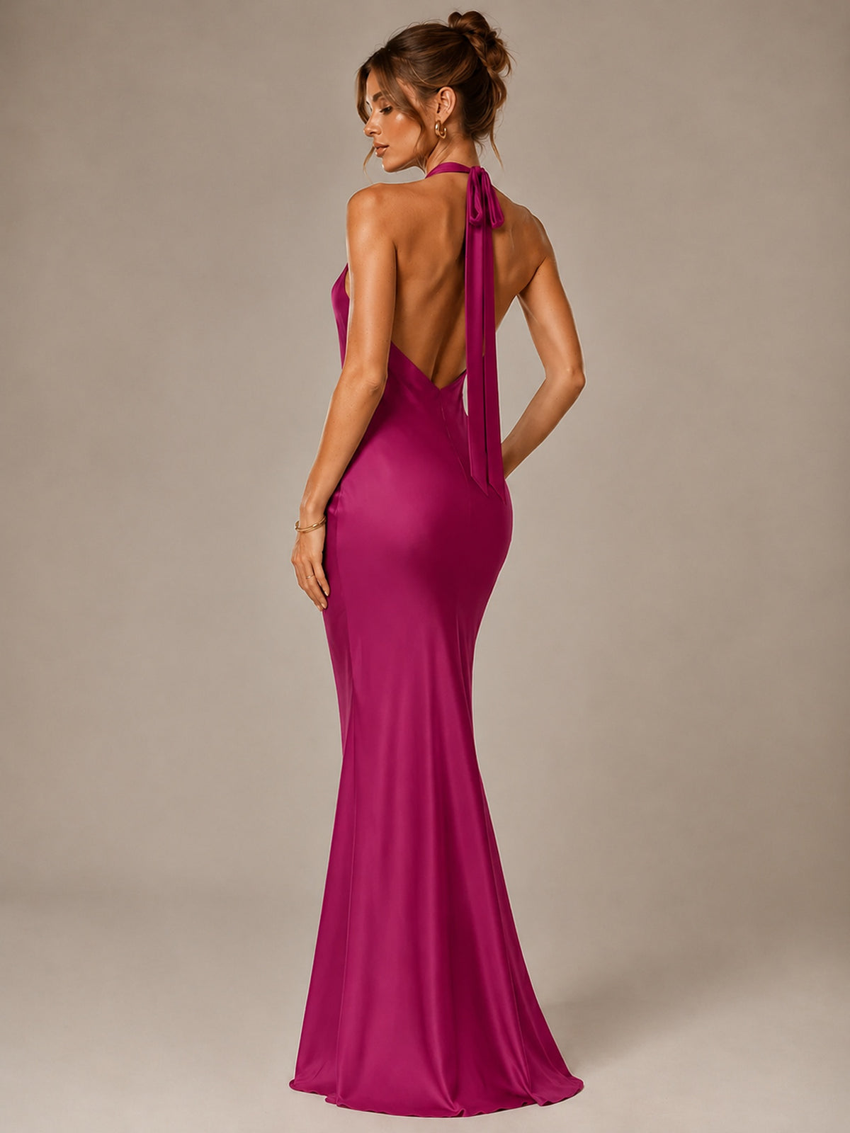 Olive Green Halter Satin Mermaid Maxi Dress