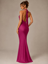 Olive Green Halter Satin Mermaid Maxi Dress