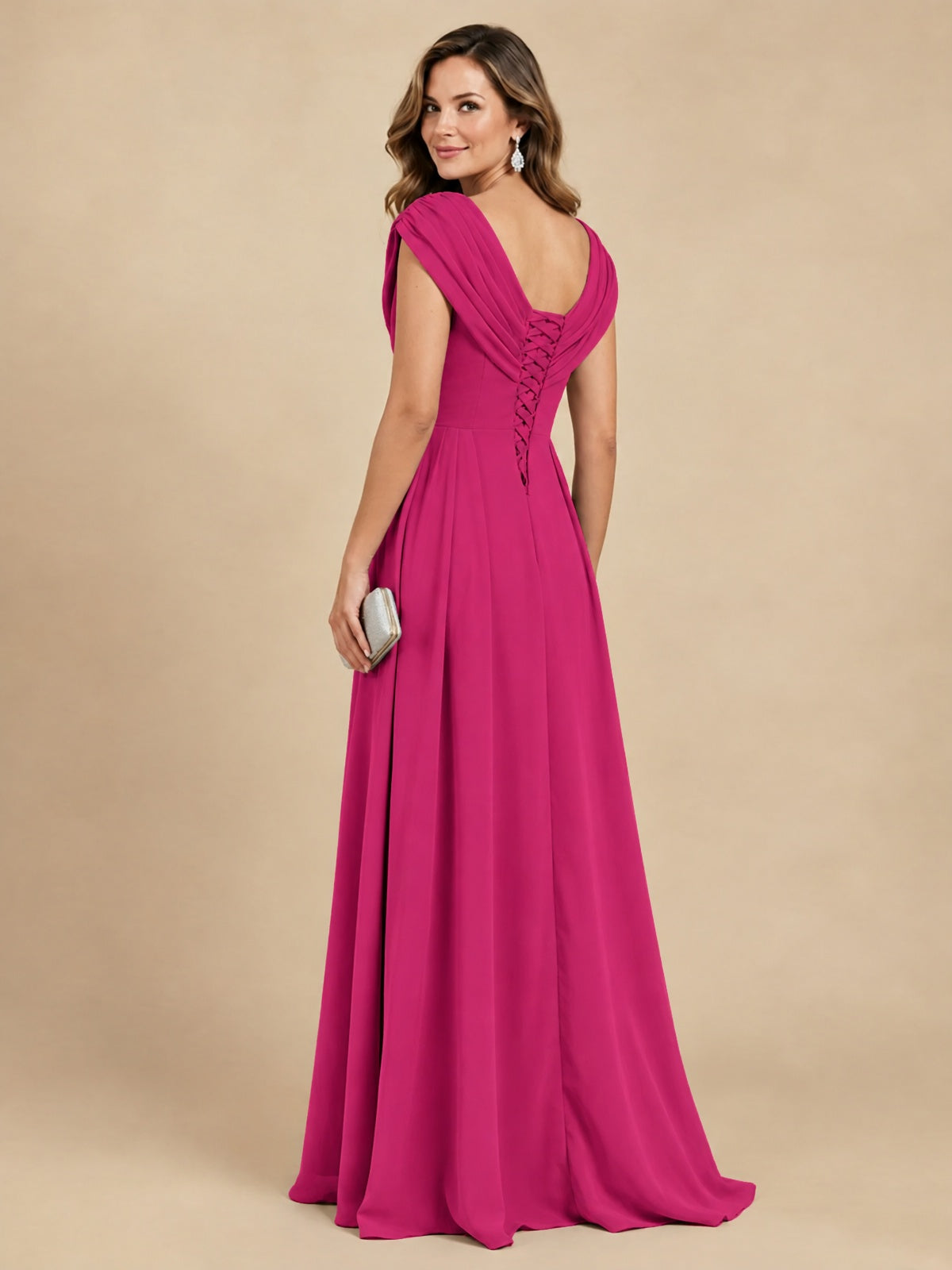 V Neck Pleated Mother of The Bride Dresses with Beading Cap Sleeves
