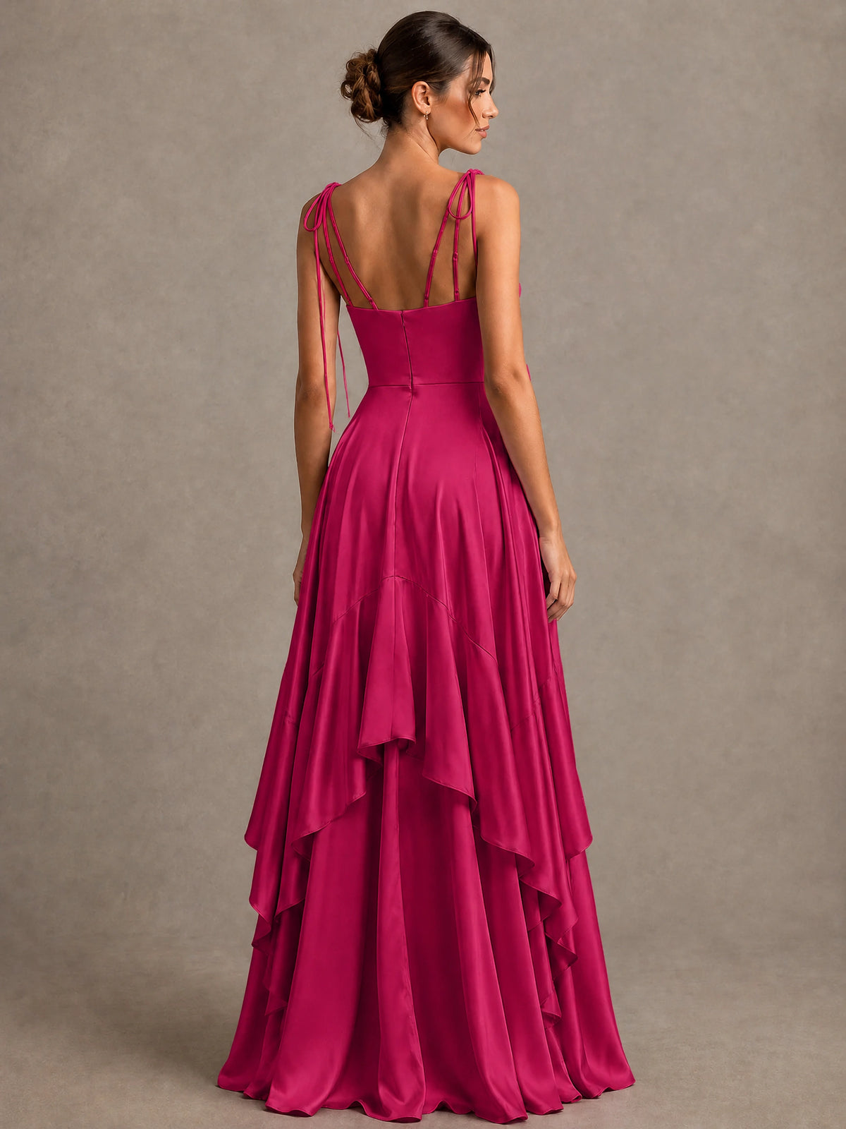 Lavender Satin V-Neck Ruffle Maxi Dress