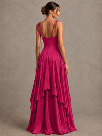 Lavender Satin V-Neck Ruffle Maxi Dress