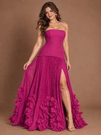 Strapless Pleated Floral Satin Formal Dress with Side Slit