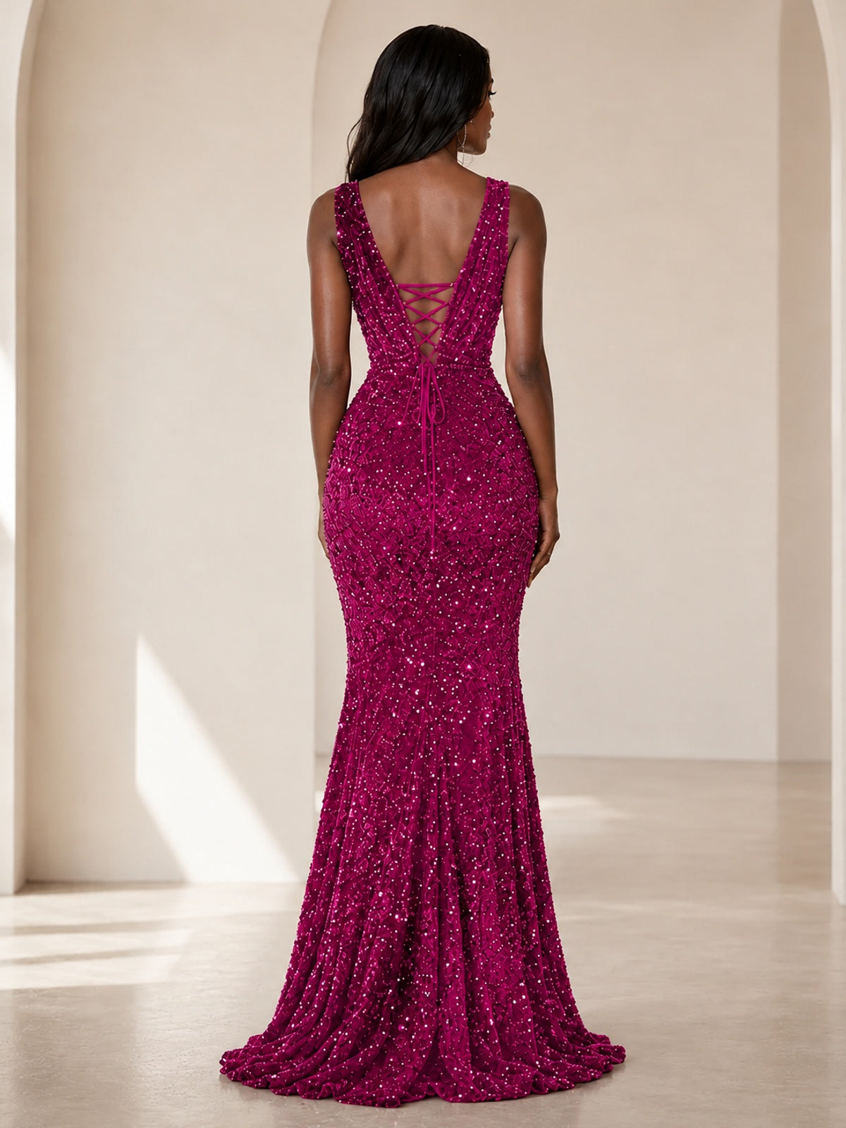 Sequin Mermaid Prom Dress with V-Neck and Ruched Waist