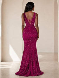 Sequin Mermaid Prom Dress with V-Neck and Ruched Waist