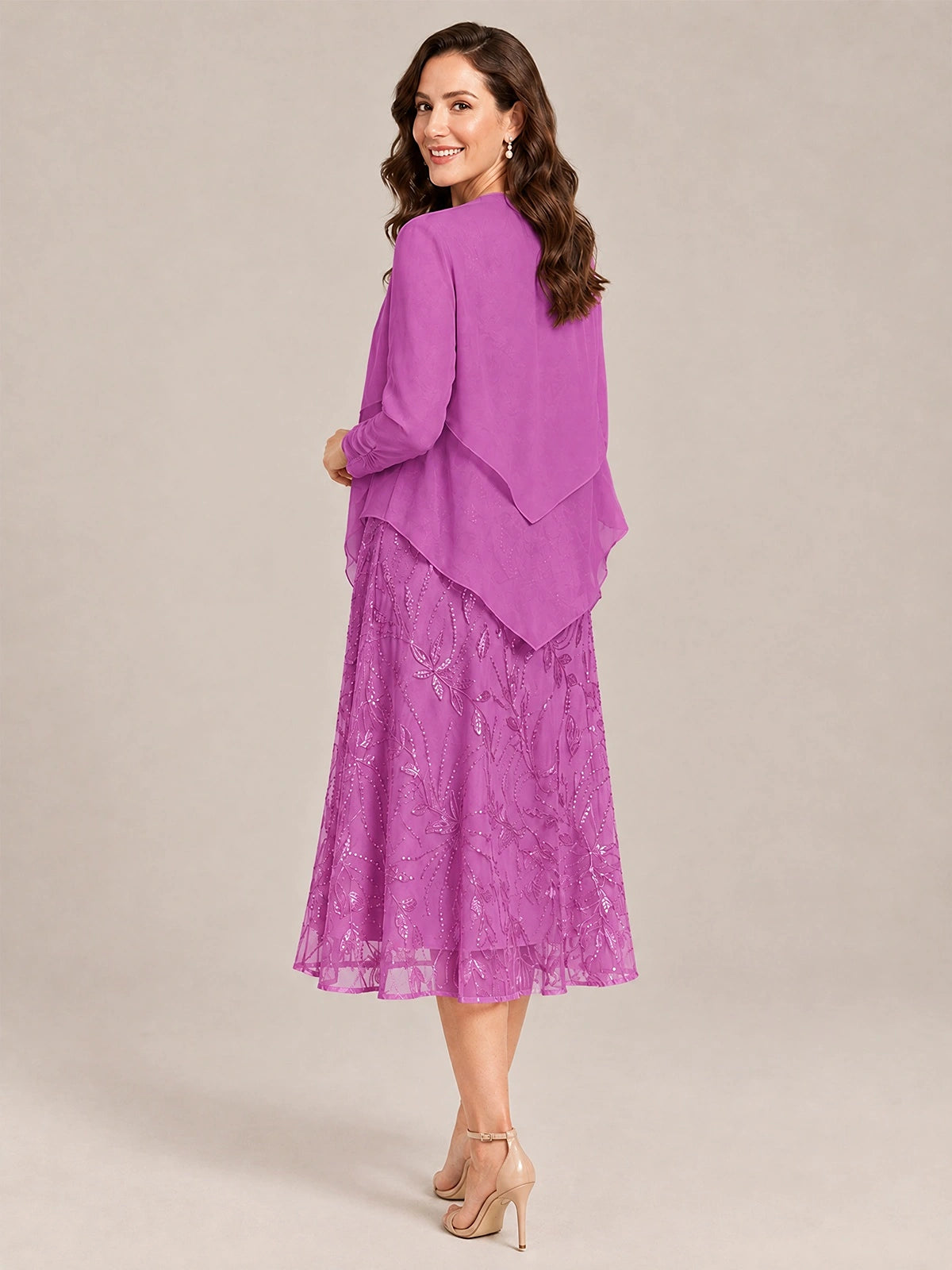 Tea Length Sequin Lace Mother of the Bride Dress with Chiffon Jacket