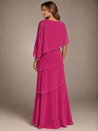 Elegant Chiffon Cape Sleeve Beaded Mother of the Bride Dress