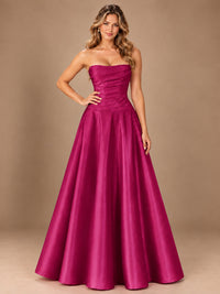Blush Pink Strapless Satin A-Line Prom Dress with Ruched Bodice