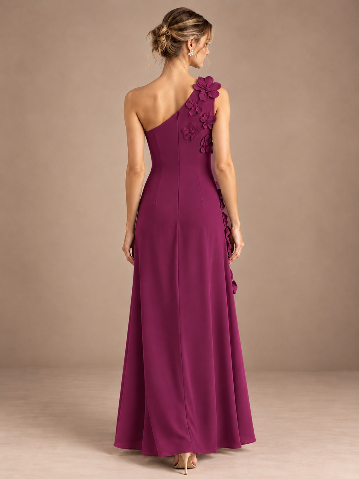 Sage Green One Shoulder Satin Formal Maxi Dress with 3D Floral