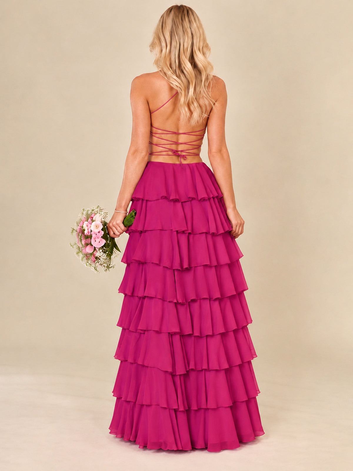 Ruffled Tiered Chiffon Prom Dress Spaghetti Straps Formal Maxi Dress with Slit