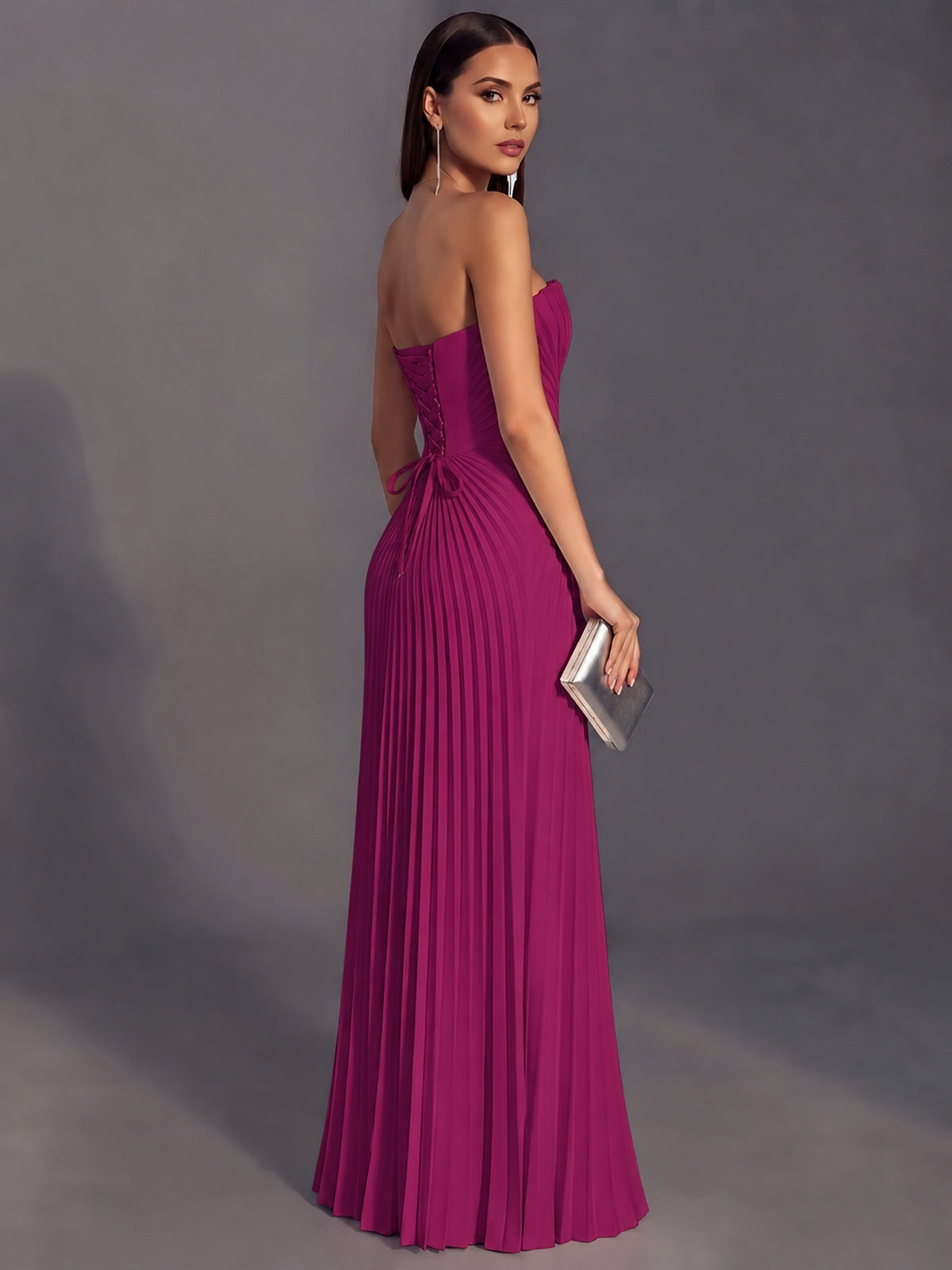 Strapless A-line Long Pleated Satin Prom Dress