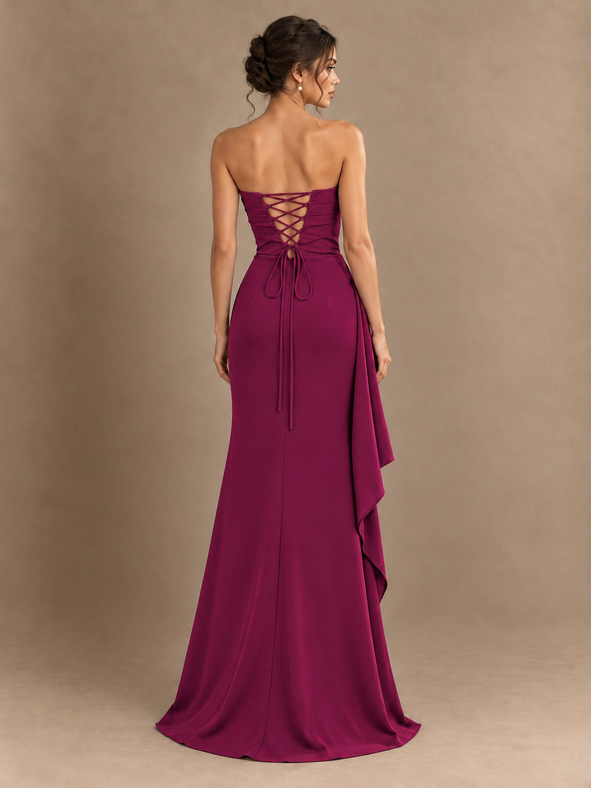 Black and White Strapless Ruched Prom Dress with High Slit & Side Drape