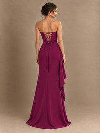 Black and White Strapless Ruched Prom Dress with High Slit & Side Drape
